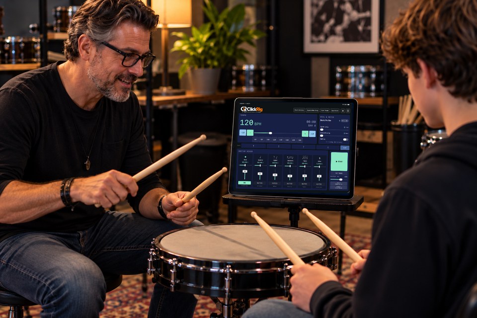 Drum instructor and student working with a practice pad and ClickRig on an iPad.