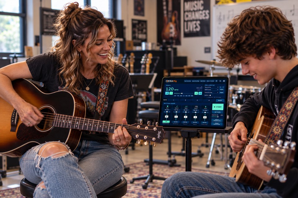 Two guitarists playing together with ClickRig on an iPad between them.