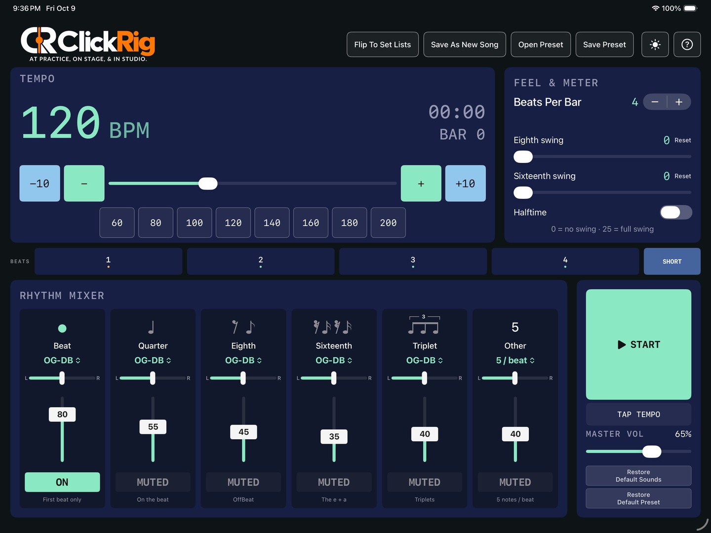 ClickRig iPad landscape interface with tempo, swing, meter, six rhythm channels, and stopped transport.