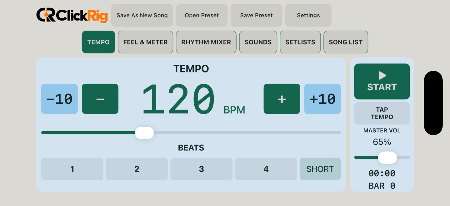 ClickRig iPhone landscape interface with tempo, feel, and meter controls.