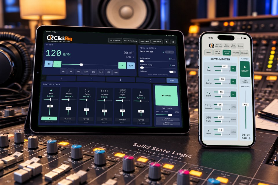 iPad and iPhone running ClickRig on a recording-studio console.